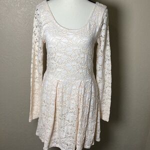 Free People Cream Floral Lace Long Sleeve Fit and Flare Mini Skater Dress Medium
